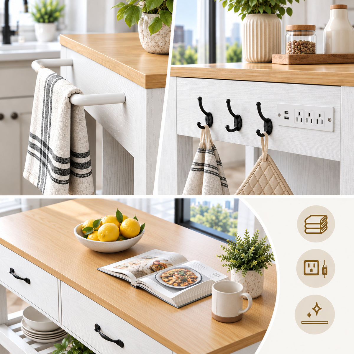 Deluxe Living 55" Kitchen Island with Power Outlets, Drawers & Hooks, Extra-Large Work Surface Island Table with 2 Shelves, Oak & White