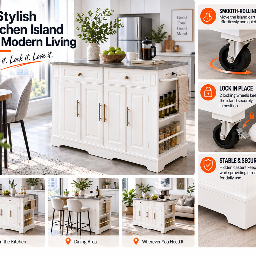 Deluxe Living 60" Rolling Kitchen Island with Drop Leaf, Stainless Steel Top, Mobile Cart with Storage, Power Outlets, Drawers & Open Shelves, White