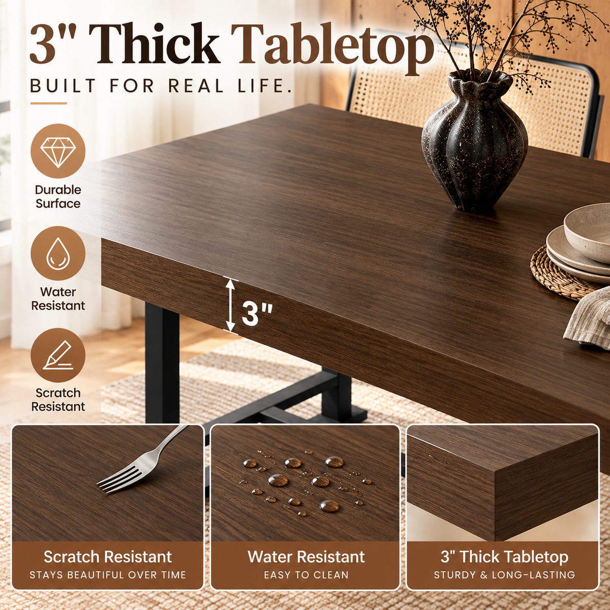 Deluxe Living Farmhouse Dining Table, Rustic Walnut Kitchen Table with 3" Thick Wood Grain Top, Heavy-Duty Metal Legs for Dining Room, Kitchen & Living Room