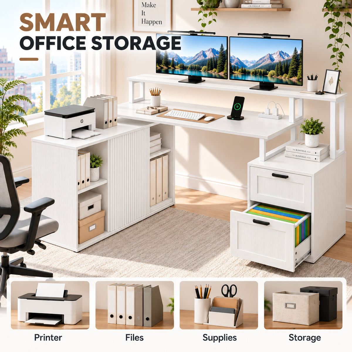 Deluxe Living 65" L-Shaped Computer Desk, Fluted Cabinet & File Drawer, Power Outlets, Elevated Monitor Stand, LED Light & Printer Shelf for Home Office, White
