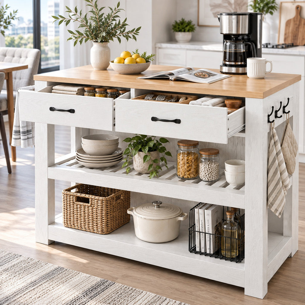 Deluxe Living 55" Kitchen Island with Power Outlets, Drawers & Hooks, Extra-Large Work Surface Island Table with 2 Shelves, Oak & White