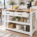 Deluxe Living 55" Kitchen Island with Power Outlets, Drawers & Hooks, Extra-Large Work Surface Island Table with 2 Shelves, Oak & White