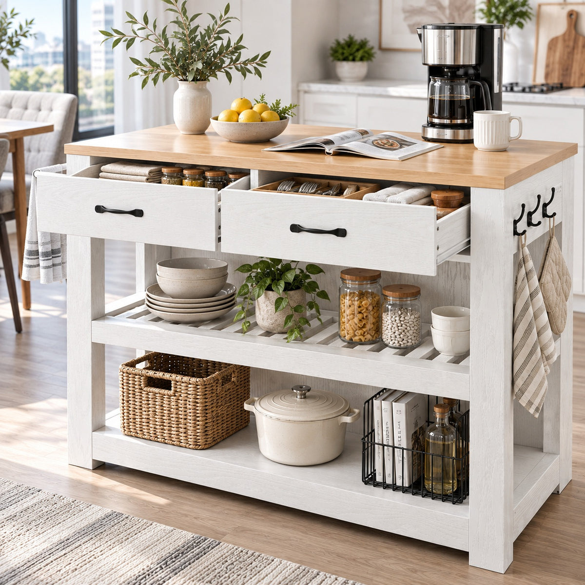Deluxe Living 55" Kitchen Island with Power Outlets, Drawers & Hooks, Extra-Large Work Surface Island Table with 2 Shelves, Oak & White