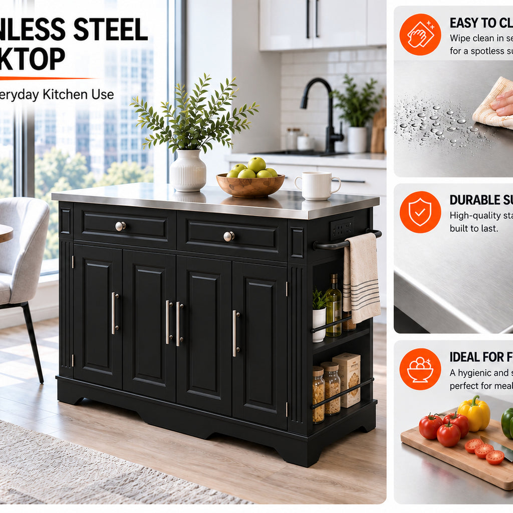 Deluxe Living 60" Rolling Kitchen Island with Drop Leaf, Stainless Steel Top, Mobile Cart with Storage, Power Outlets, Drawers & Open Shelves, Black