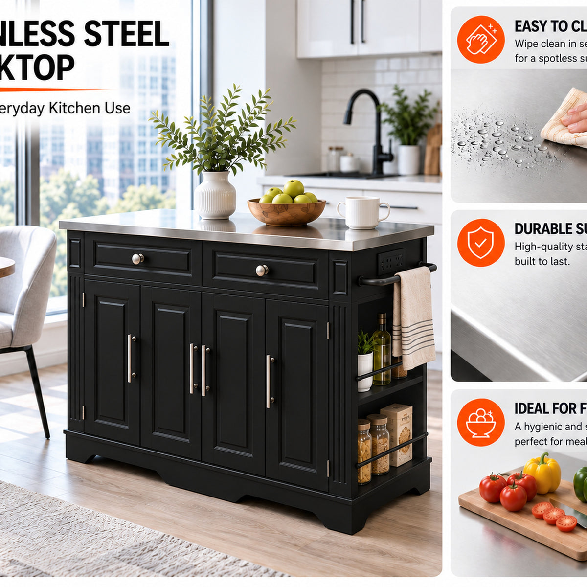 Deluxe Living 60" Rolling Kitchen Island with Drop Leaf, Stainless Steel Top, Mobile Cart with Storage, Power Outlets, Drawers & Open Shelves, Black