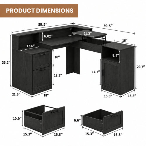 Deluxe Living 60" L-Shaped Computer Desk, Lift-Top Corner Desk with File Drawer, Storage Cabinet, Outlets, Monitor Stand & Printer Shelf, Black ﻿ ﻿