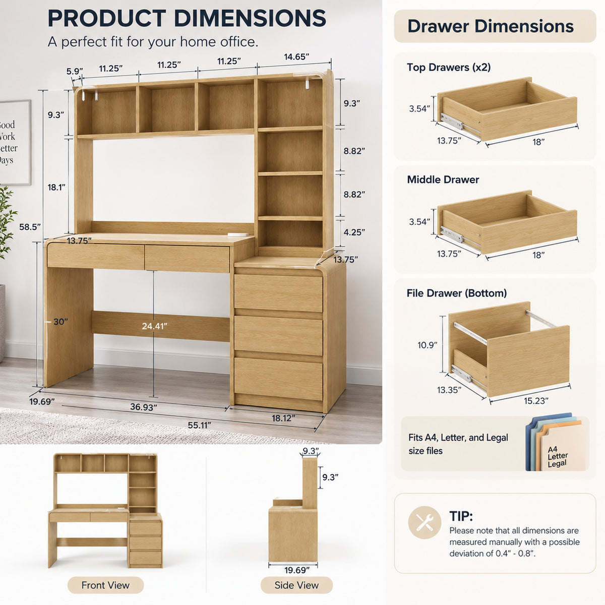 Deluxe Living 55.1" Executive Computer Desk with Hutch & 4 Storage Drawers, Open Storage Shelves, Power Outlet & LED Lights for Home Office, Oak