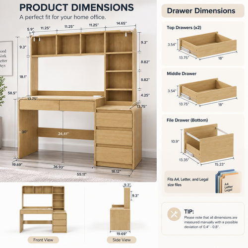 Deluxe Living 55.1" Executive Computer Desk with Hutch & 4 Storage Drawers, Open Storage Shelves, Power Outlet & LED Lights for Home Office, Oak