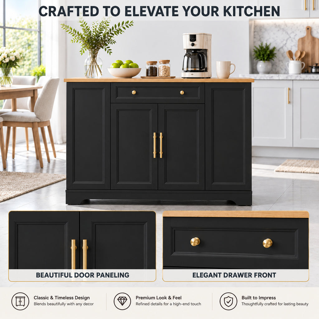 Deluxe Living 53" Rolling Kitchen Island with Trash Can Storage & 3 Drawers, Portable Kitchen Cart on Wheels for 10 Gallon Garbage Bin, Black