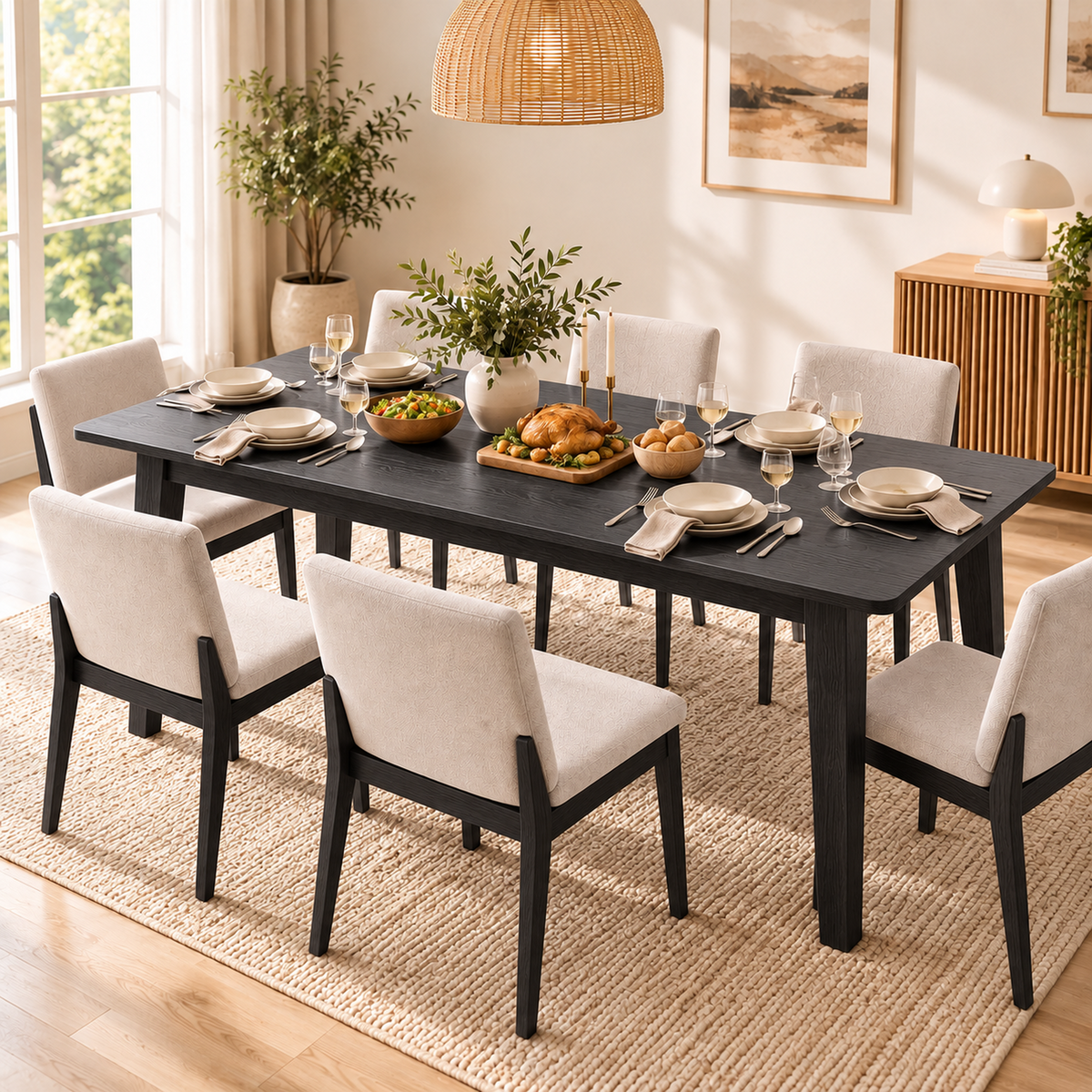 Deluxe Living 63"-83" Extendable Farmhouse Dining Table for 6-8 People, Expandable Kitchen Table with Sturdy Wooden Top & Legs for Dining Room, Black
