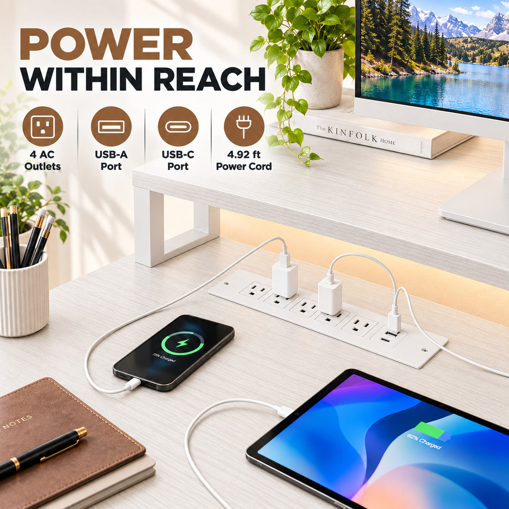 Deluxe Living 65" L-Shaped Computer Desk, Fluted Cabinet & File Drawer, Power Outlets, Elevated Monitor Stand, LED Light & Printer Shelf for Home Office, White