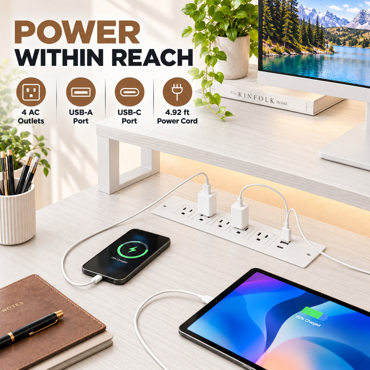 Deluxe Living 65" L-Shaped Computer Desk, Fluted Cabinet & File Drawer, Power Outlets, Elevated Monitor Stand, LED Light & Printer Shelf for Home Office, White