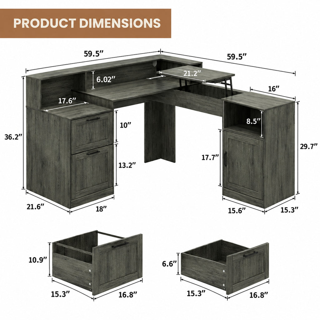 Deluxe Living 60" L-Shaped Computer Desk, Lift-Top Corner Desk with File Drawer, Storage Cabinet, Outlets, Monitor Stand & Printer Shelf, Gray