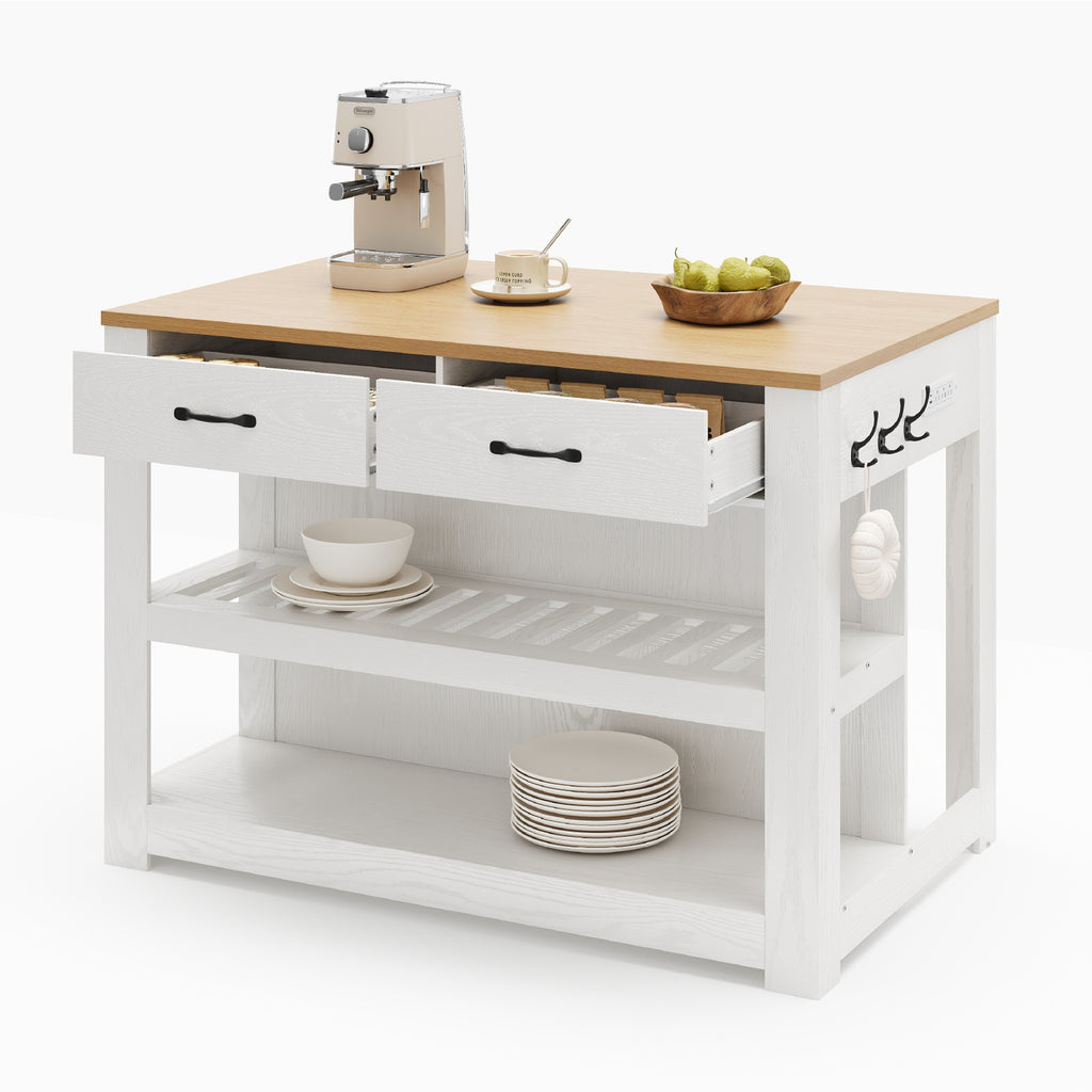 Deluxe Living 55" Kitchen Island with Power Outlets, Drawers & Hooks, Extra-Large Work Surface Island Table with 2 Shelves, Oak & White
