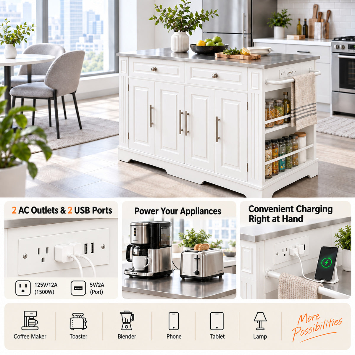 Deluxe Living 60" Rolling Kitchen Island with Drop Leaf, Stainless Steel Top, Mobile Cart with Storage, Power Outlets, Drawers & Open Shelves, White