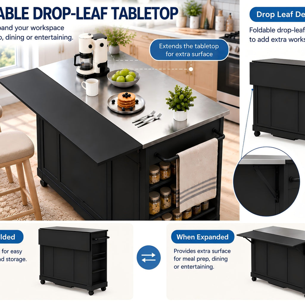 Deluxe Living 60" Rolling Kitchen Island with Drop Leaf, Stainless Steel Top, Mobile Cart with Storage, Power Outlets, Drawers & Open Shelves, Black