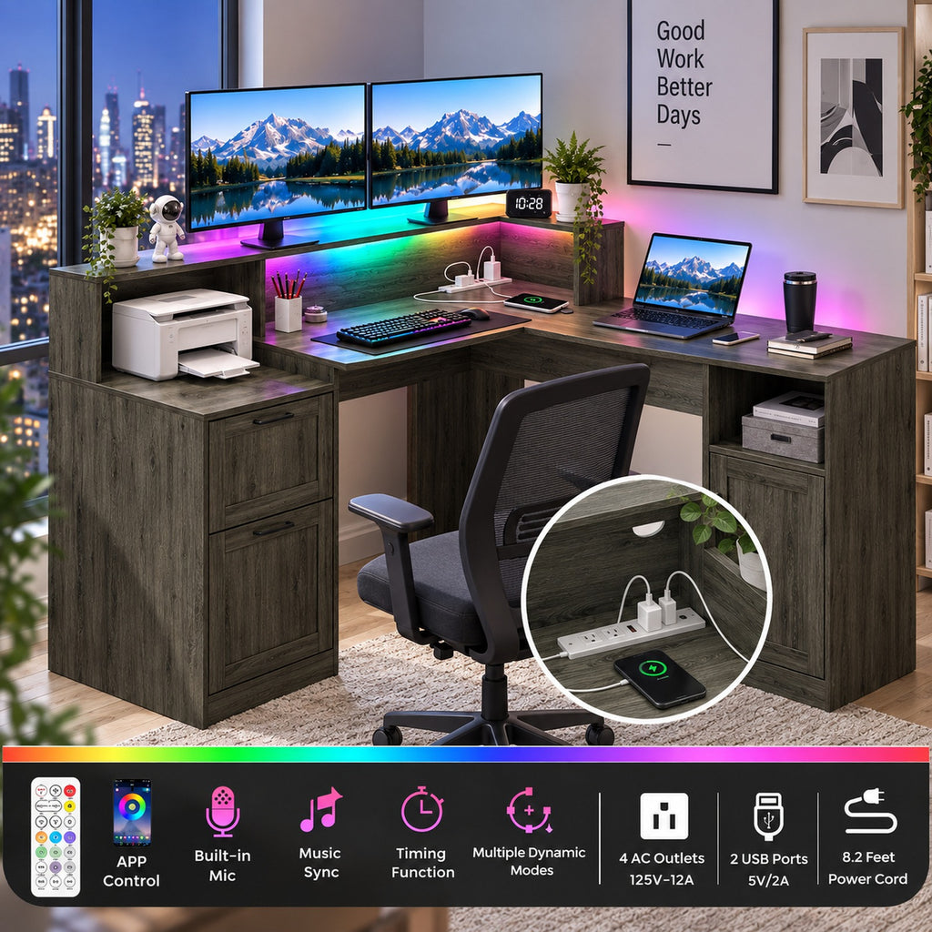 Deluxe Living 60" L-Shaped Computer Desk, Lift-Top Corner Desk with File Drawer, Storage Cabinet, Outlets, Monitor Stand & Printer Shelf, Gray