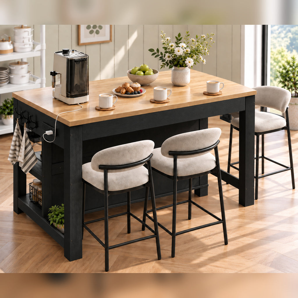 Deluxe Living 55" Kitchen Island with Power Outlets, Drawers & Hooks, Extra-Large Work Surface Island Table with 2 Shelves, Oak & Black