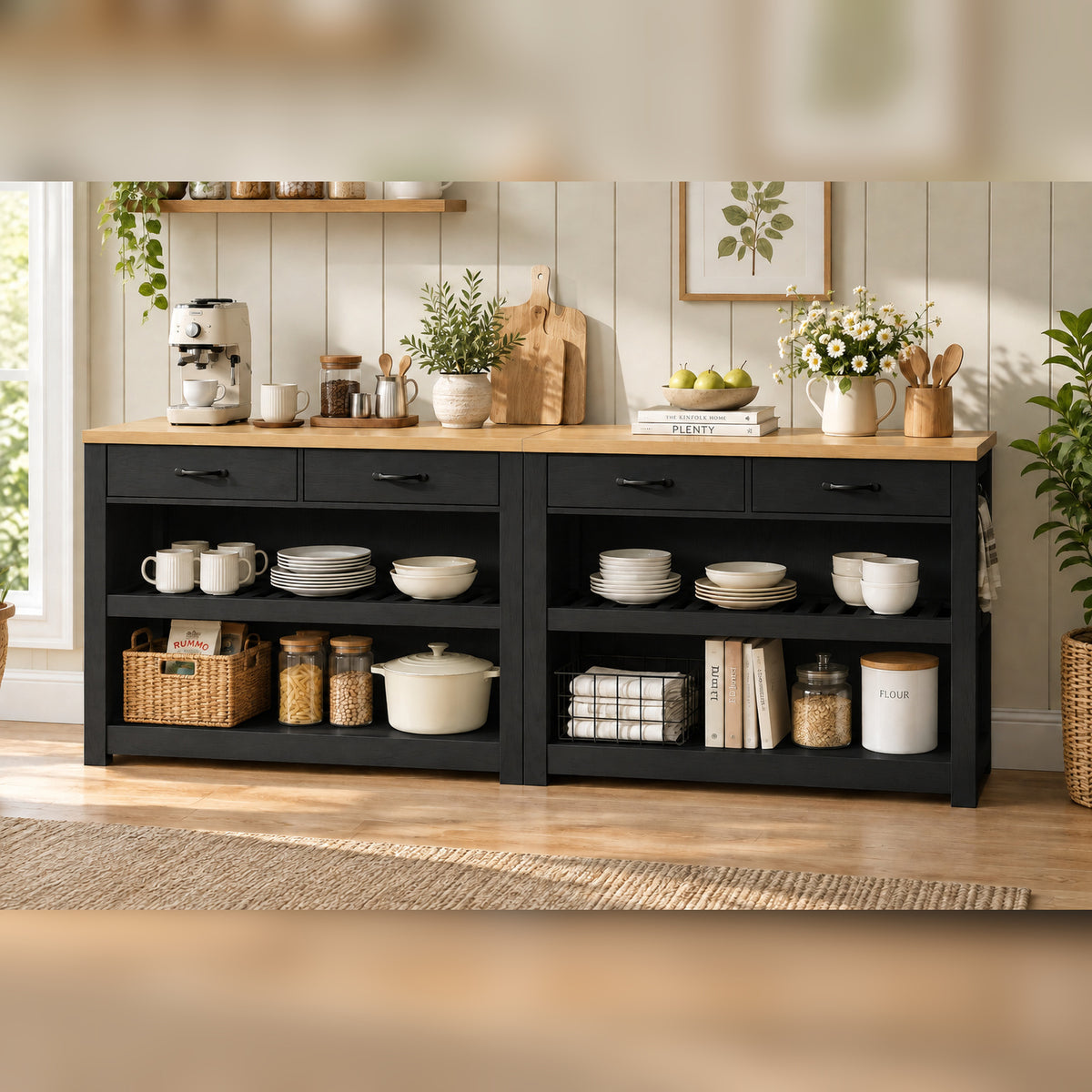 Deluxe Living 55" Kitchen Island with Power Outlets, Drawers & Hooks, Extra-Large Work Surface Island Table with 2 Shelves, Oak & Black