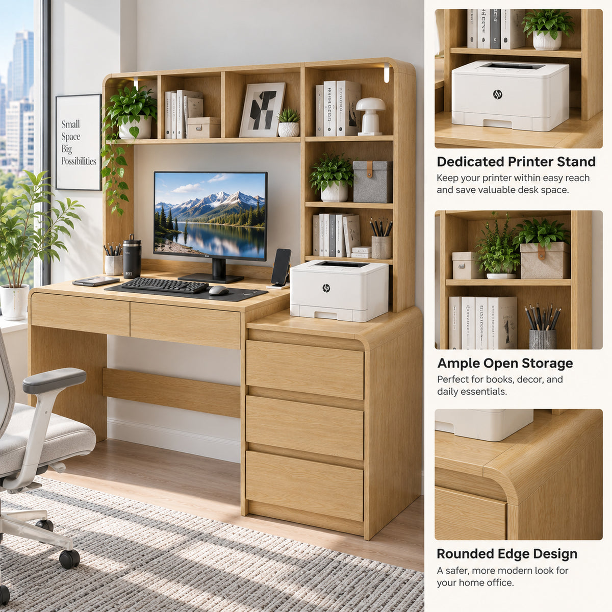 Deluxe Living 55.1" Executive Computer Desk with Hutch & 4 Storage Drawers, Open Storage Shelves, Power Outlet & LED Lights for Home Office, Oak
