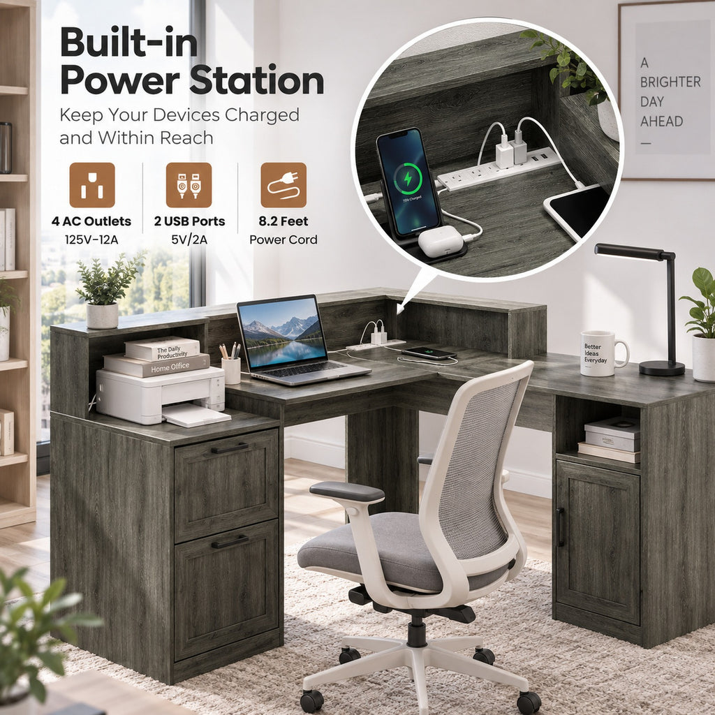 Deluxe Living 60" L-Shaped Computer Desk, Lift-Top Corner Desk with File Drawer, Storage Cabinet, Outlets, Monitor Stand & Printer Shelf, Gray