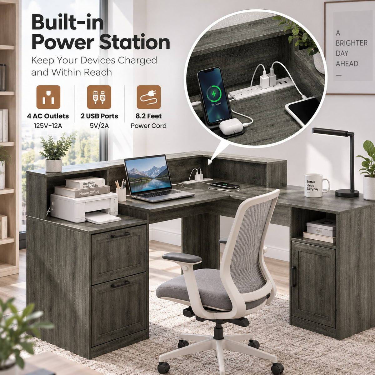 Deluxe Living 60" L-Shaped Computer Desk, Lift-Top Corner Desk with File Drawer, Storage Cabinet, Outlets, Monitor Stand & Printer Shelf, Gray