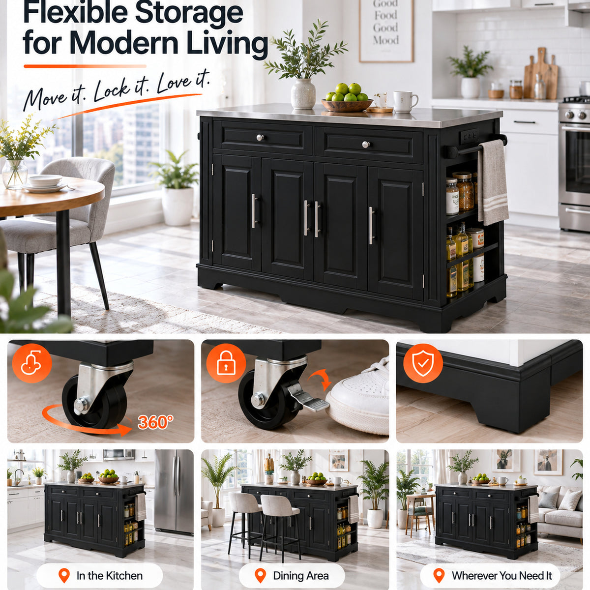 Deluxe Living 60" Rolling Kitchen Island with Drop Leaf, Stainless Steel Top, Mobile Cart with Storage, Power Outlets, Drawers & Open Shelves, Black