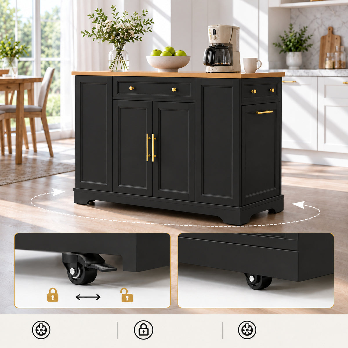 Deluxe Living 53" Rolling Kitchen Island with Trash Can Storage & 3 Drawers, Portable Kitchen Cart on Wheels for 10 Gallon Garbage Bin, Black