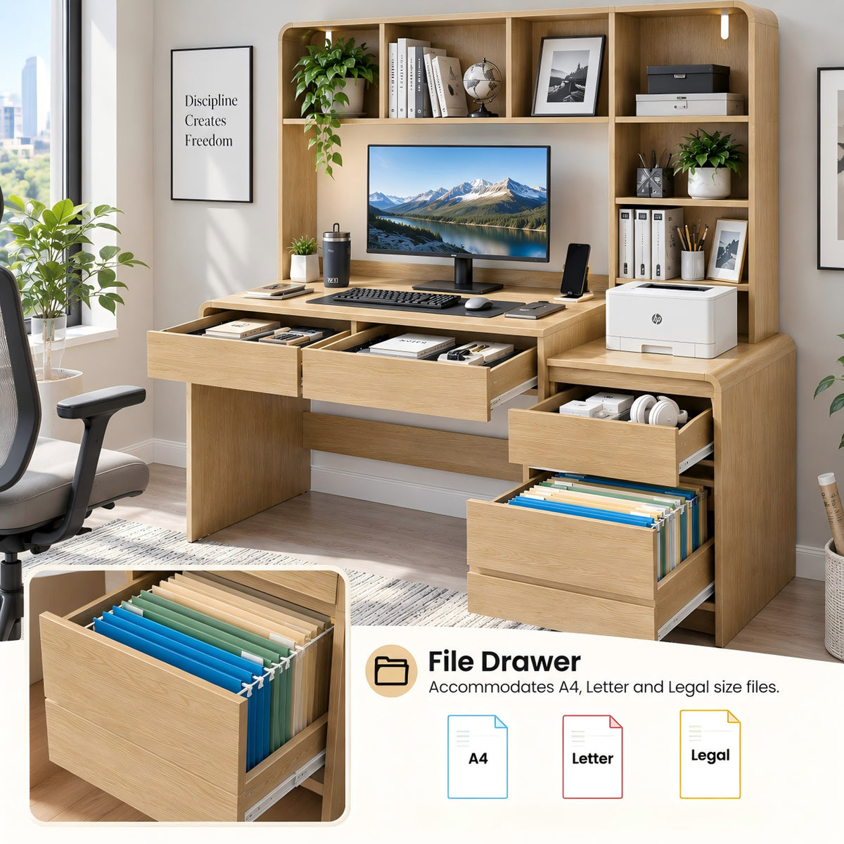 Deluxe Living 55.1" Executive Computer Desk with Hutch & 4 Storage Drawers, Open Storage Shelves, Power Outlet & LED Lights for Home Office, Oak