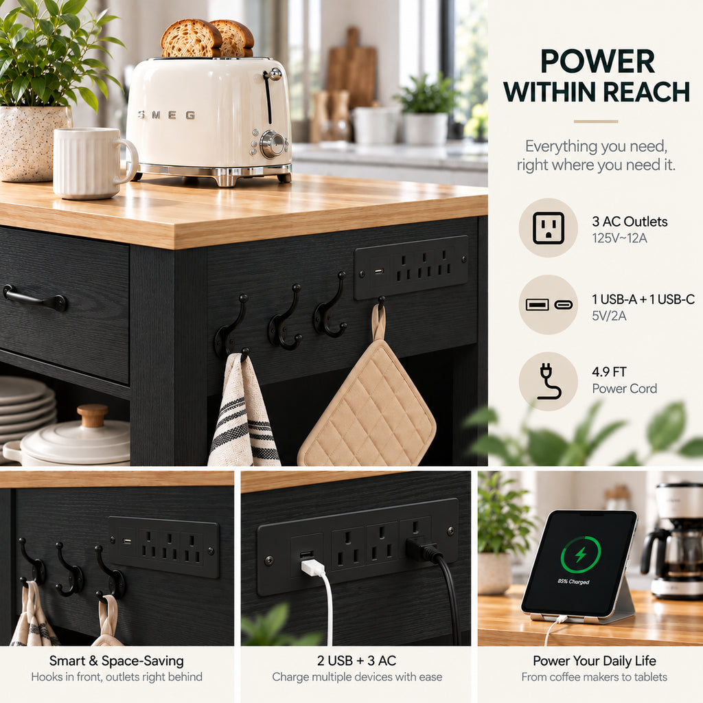 Deluxe Living 55" Kitchen Island with Power Outlets, Drawers & Hooks, Extra-Large Work Surface Island Table with 2 Shelves, Oak & Black
