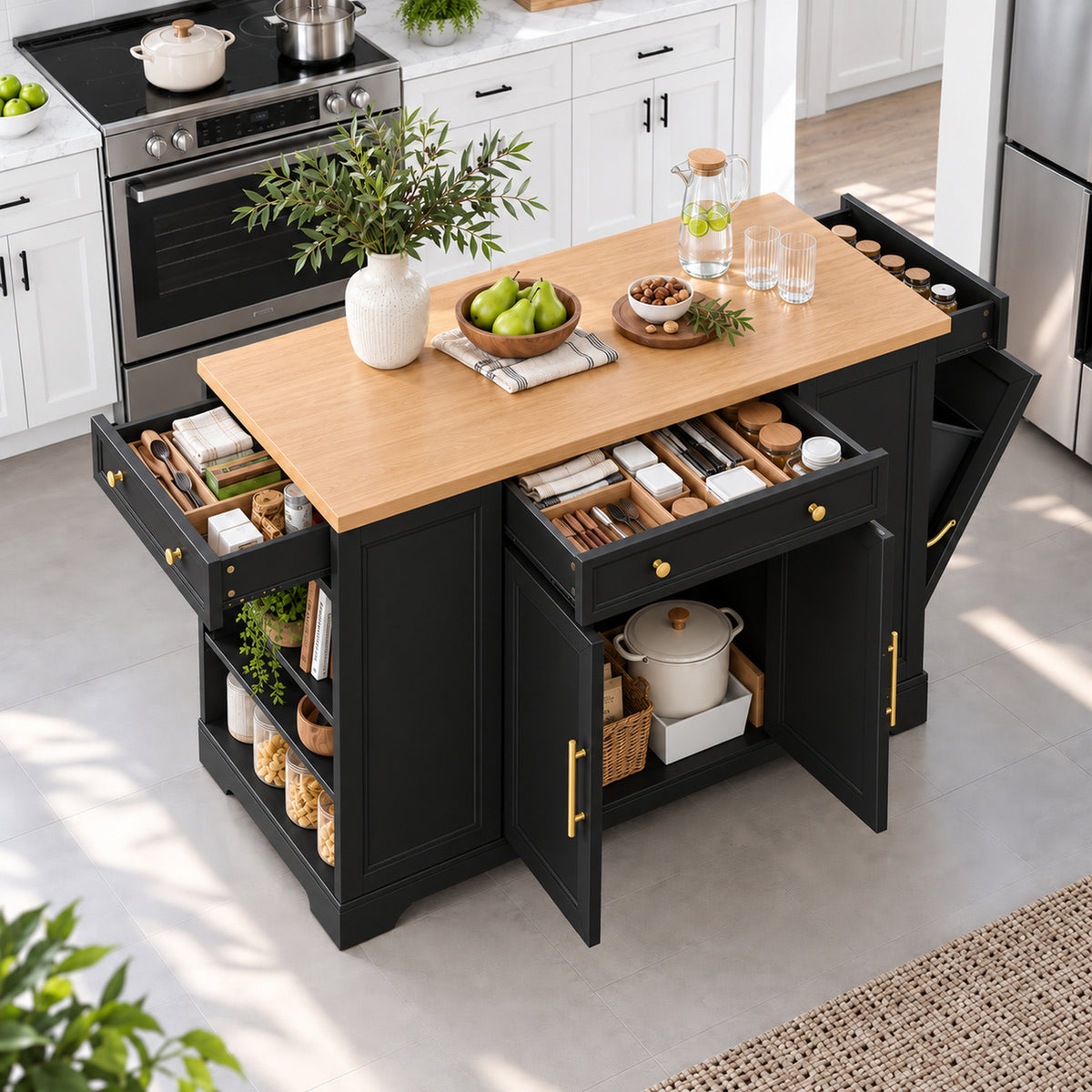 Deluxe Living 53" Rolling Kitchen Island with Trash Can Storage & 3 Drawers, Portable Kitchen Cart on Wheels for 10 Gallon Garbage Bin, Black