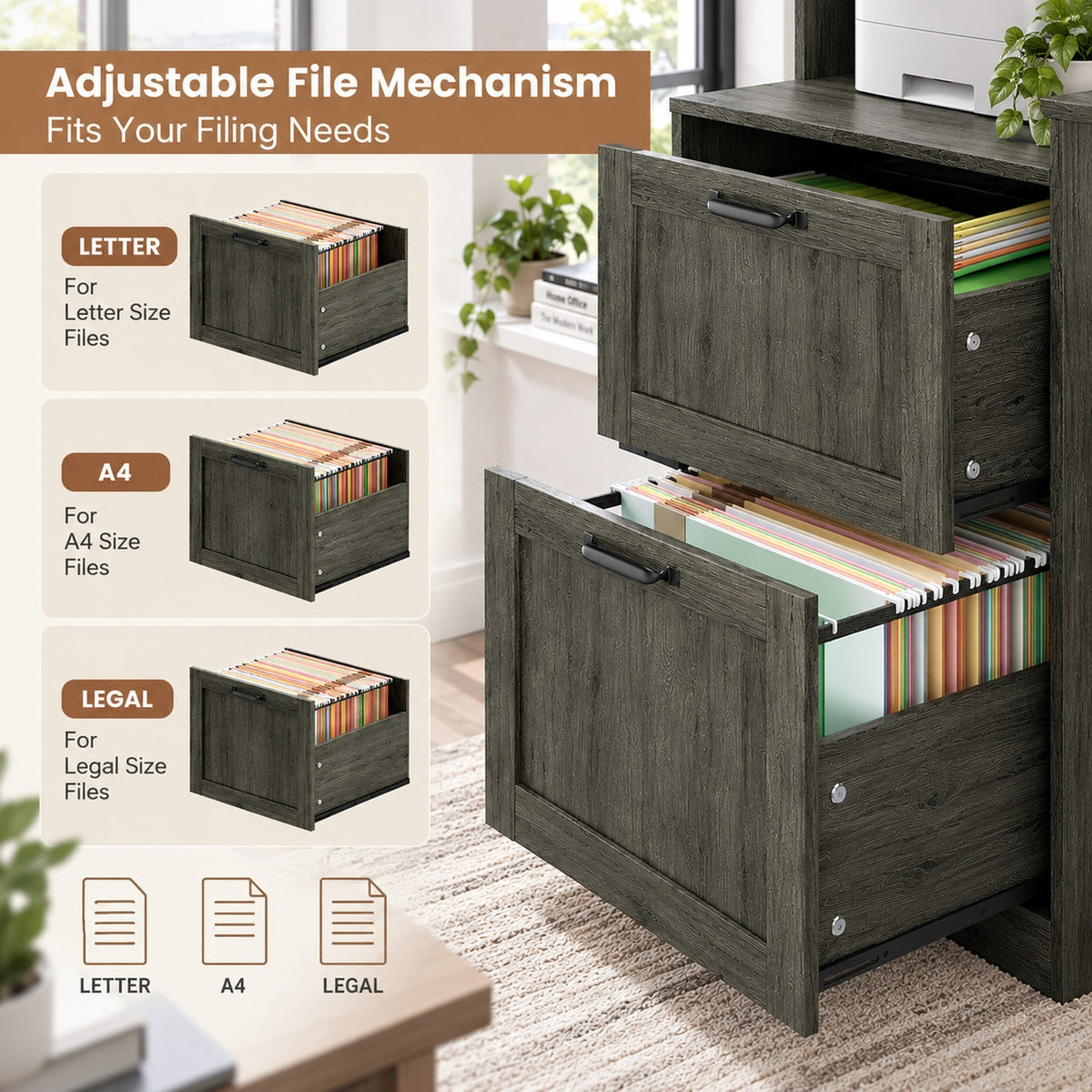 Deluxe Living 60" L-Shaped Computer Desk, Lift-Top Corner Desk with File Drawer, Storage Cabinet, Outlets, Monitor Stand & Printer Shelf, Gray