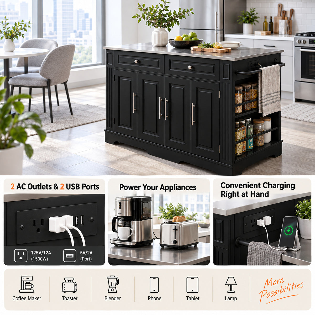 Deluxe Living 60" Rolling Kitchen Island with Drop Leaf, Stainless Steel Top, Mobile Cart with Storage, Power Outlets, Drawers & Open Shelves, Black
