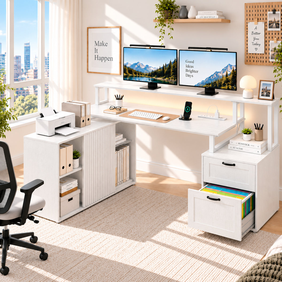 Deluxe Living 65" L-Shaped Computer Desk, Fluted Cabinet & File Drawer, Power Outlets, Elevated Monitor Stand, LED Light & Printer Shelf for Home Office, White