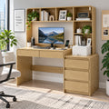 Deluxe Living 55.1" Executive Computer Desk with Hutch & 4 Storage Drawers, Open Storage Shelves, Power Outlet & LED Lights for Home Office, Oak