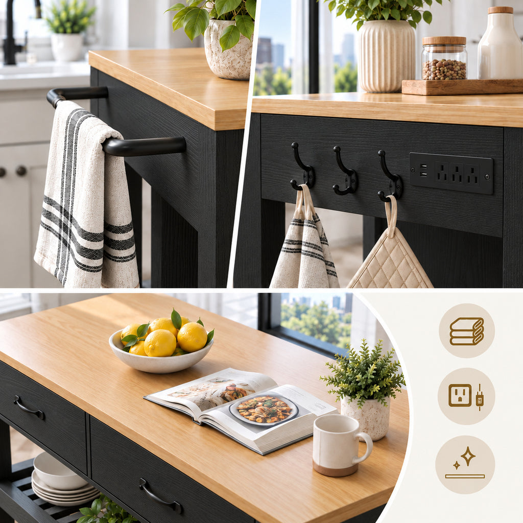 Deluxe Living 55" Kitchen Island with Power Outlets, Drawers & Hooks, Extra-Large Work Surface Island Table with 2 Shelves, Oak & Black