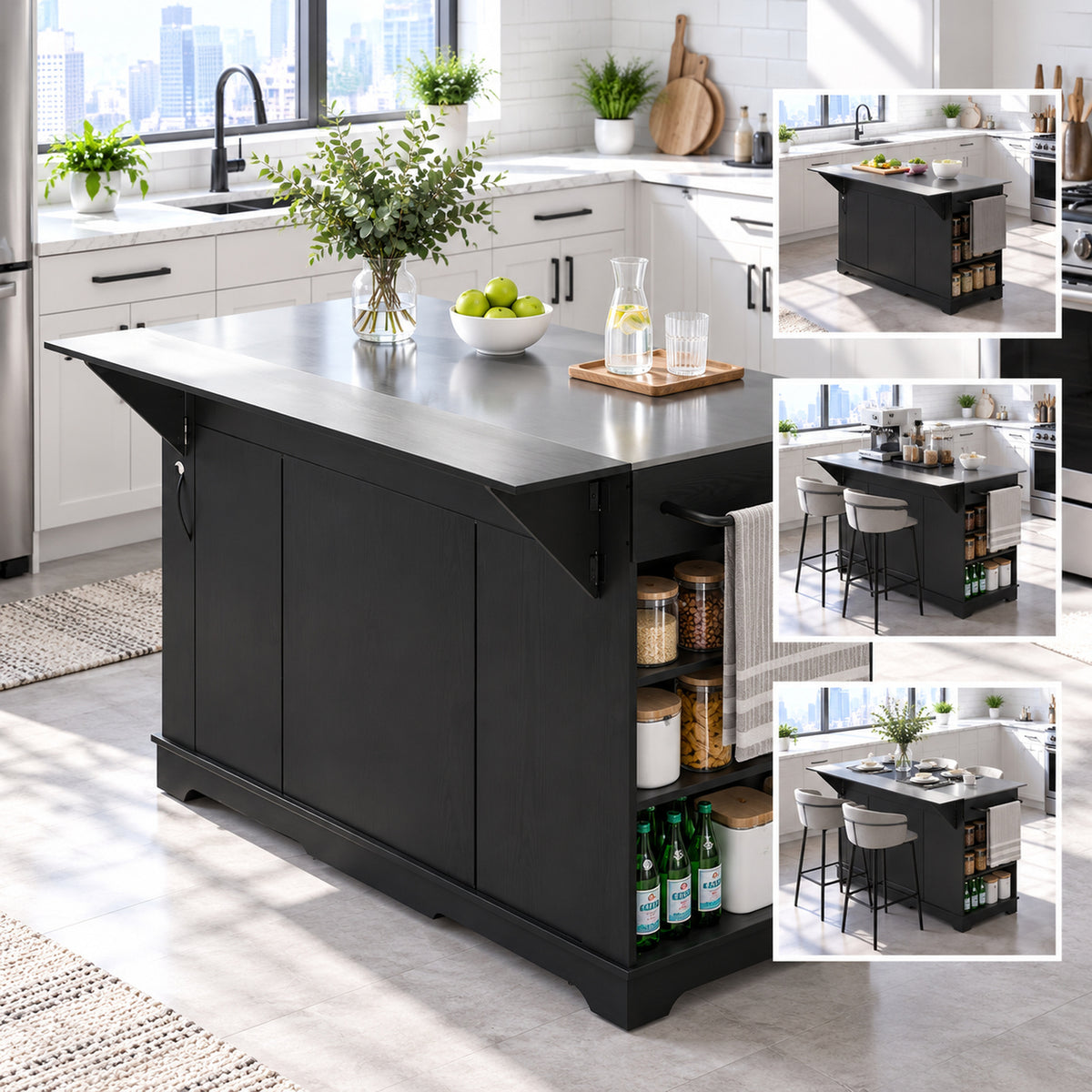 Deluxe Living 60" Rolling Kitchen Island with Drop Leaf, Stainless Steel Top, Mobile Cart with Storage, Power Outlets, Drawers & Open Shelves, Black