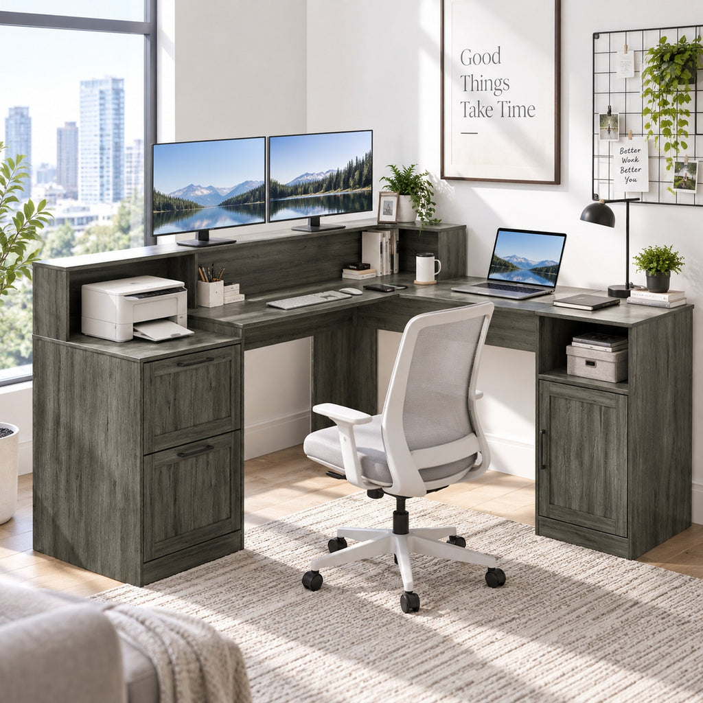 Deluxe Living 60" L-Shaped Computer Desk, Lift-Top Corner Desk with File Drawer, Storage Cabinet, Outlets, Monitor Stand & Printer Shelf, Gray