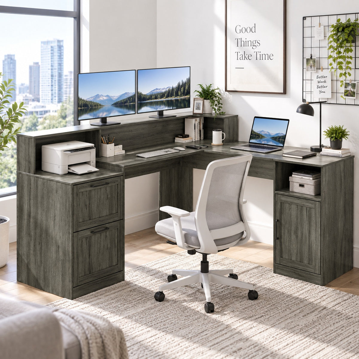 Deluxe Living 60" L-Shaped Computer Desk, Lift-Top Corner Desk with File Drawer, Storage Cabinet, Outlets, Monitor Stand & Printer Shelf, Gray