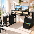 Deluxe Living 65" L-Shaped Corner Desk, Fluted Cabinet, File Drawer, Power Outlets, Elevated Monitor Stand, LED Light & Printer Shelf, Black