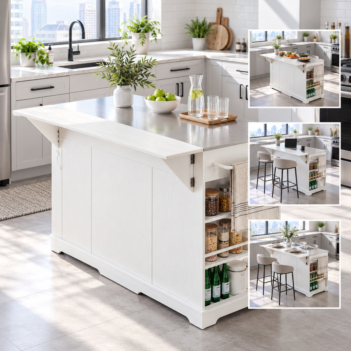 Deluxe Living 60" Rolling Kitchen Island with Drop Leaf, Stainless Steel Top, Mobile Cart with Storage, Power Outlets, Drawers & Open Shelves, White