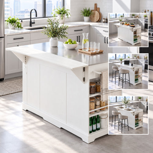 Deluxe Living 60" Rolling Kitchen Island with Drop Leaf, Stainless Steel Top, Mobile Cart with Storage, Power Outlets, Drawers & Open Shelves, White