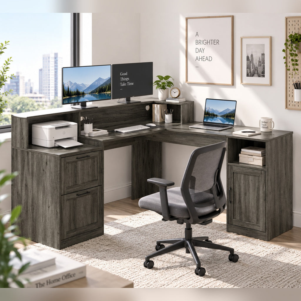 Deluxe Living 60" L-Shaped Computer Desk, Lift-Top Corner Desk with File Drawer, Storage Cabinet, Outlets, Monitor Stand & Printer Shelf, Gray
