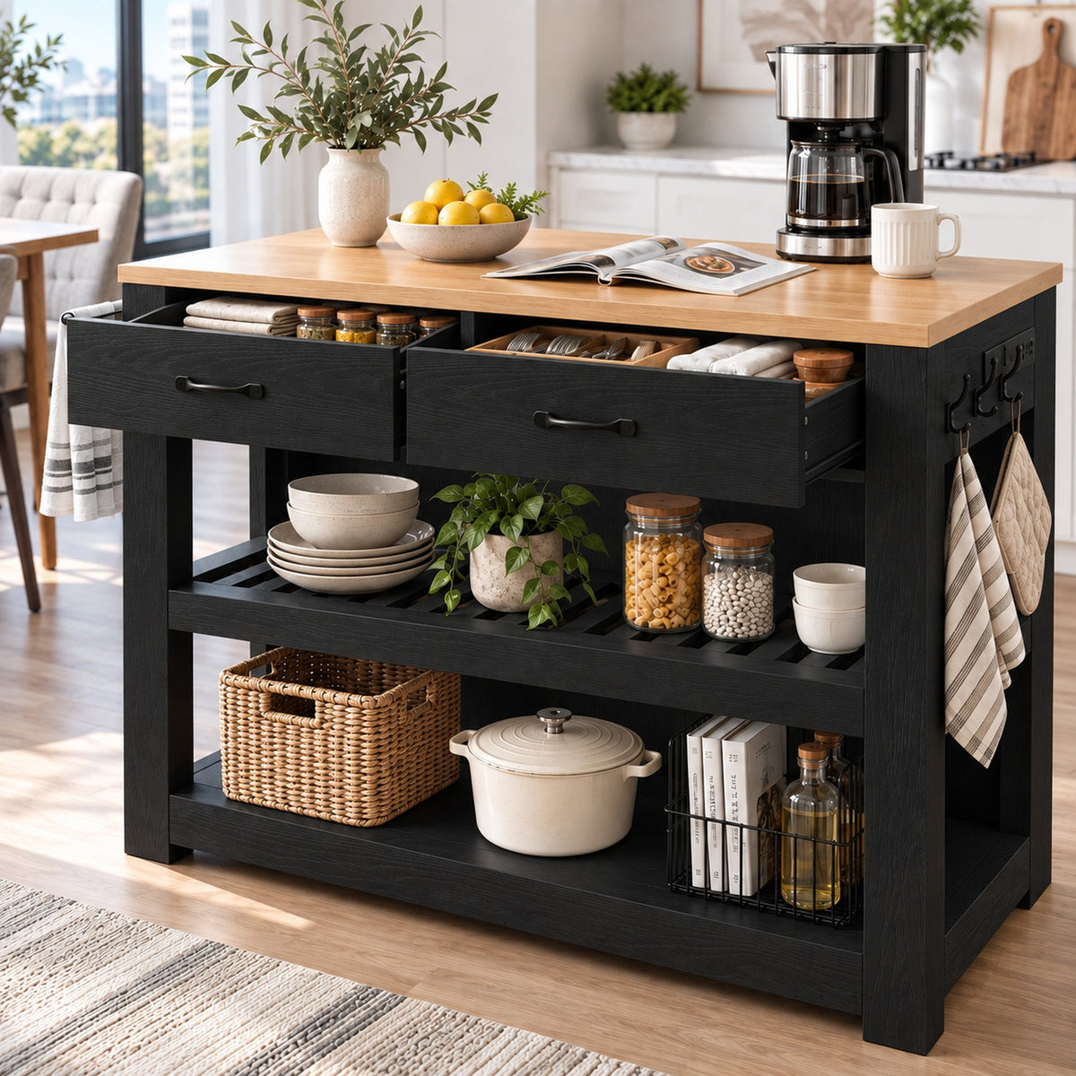 Deluxe Living 55" Kitchen Island with Power Outlets, Drawers & Hooks, Extra-Large Work Surface Island Table with 2 Shelves, Oak & Black