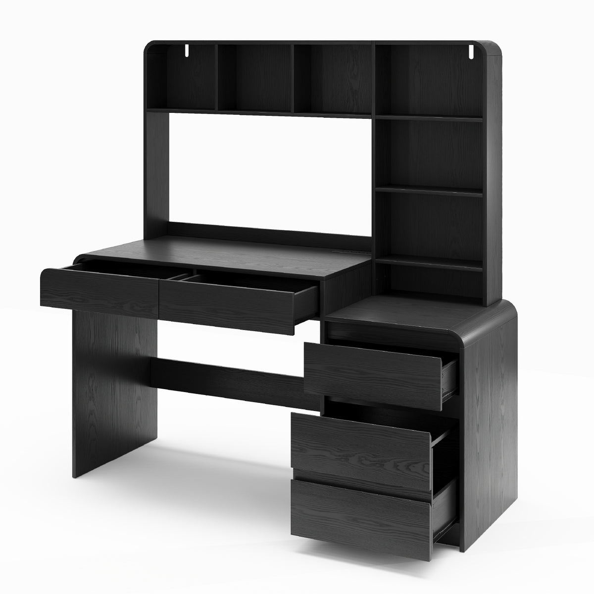 Deluxe Living 55.1" Executive Computer Desk with Hutch & 4 Storage Drawers, Open Storage Shelves, Power Outlet & LED Lights for Home Office, Black