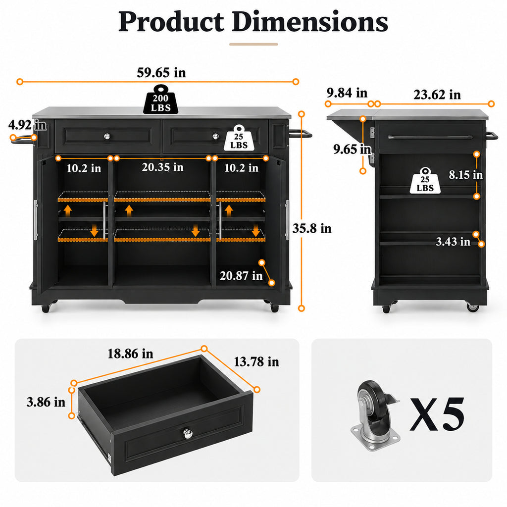 Deluxe Living 60" Rolling Kitchen Island with Drop Leaf, Stainless Steel Top, Mobile Cart with Storage, Power Outlets, Drawers & Open Shelves, Black