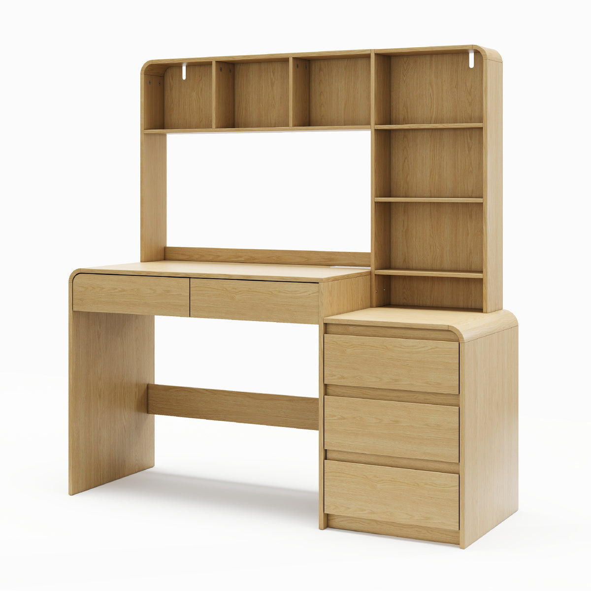 Deluxe Living 55.1" Executive Computer Desk with Hutch & 4 Storage Drawers, Open Storage Shelves, Power Outlet & LED Lights for Home Office, Oak