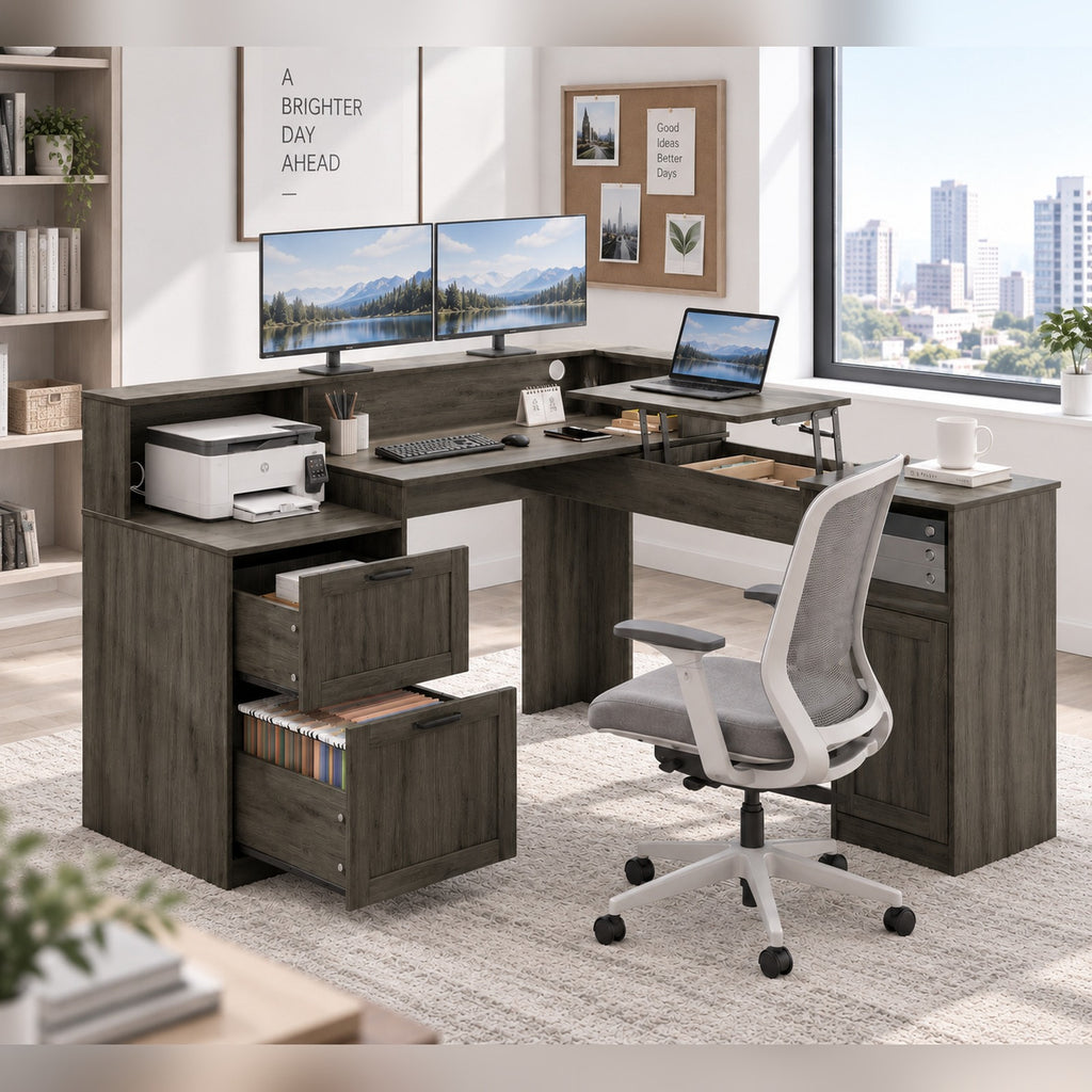 Deluxe Living 60" L-Shaped Computer Desk, Lift-Top Corner Desk with File Drawer, Storage Cabinet, Outlets, Monitor Stand & Printer Shelf, Gray