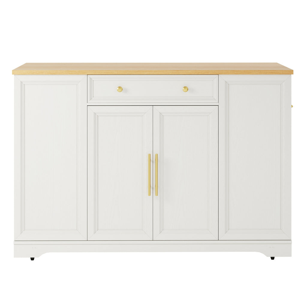 Deluxe Living 53" Rolling Kitchen Island with Trash Can Storage & 3 Drawers, Portable Kitchen Cart on Wheels for 10 Gallon Garbage Bin, White