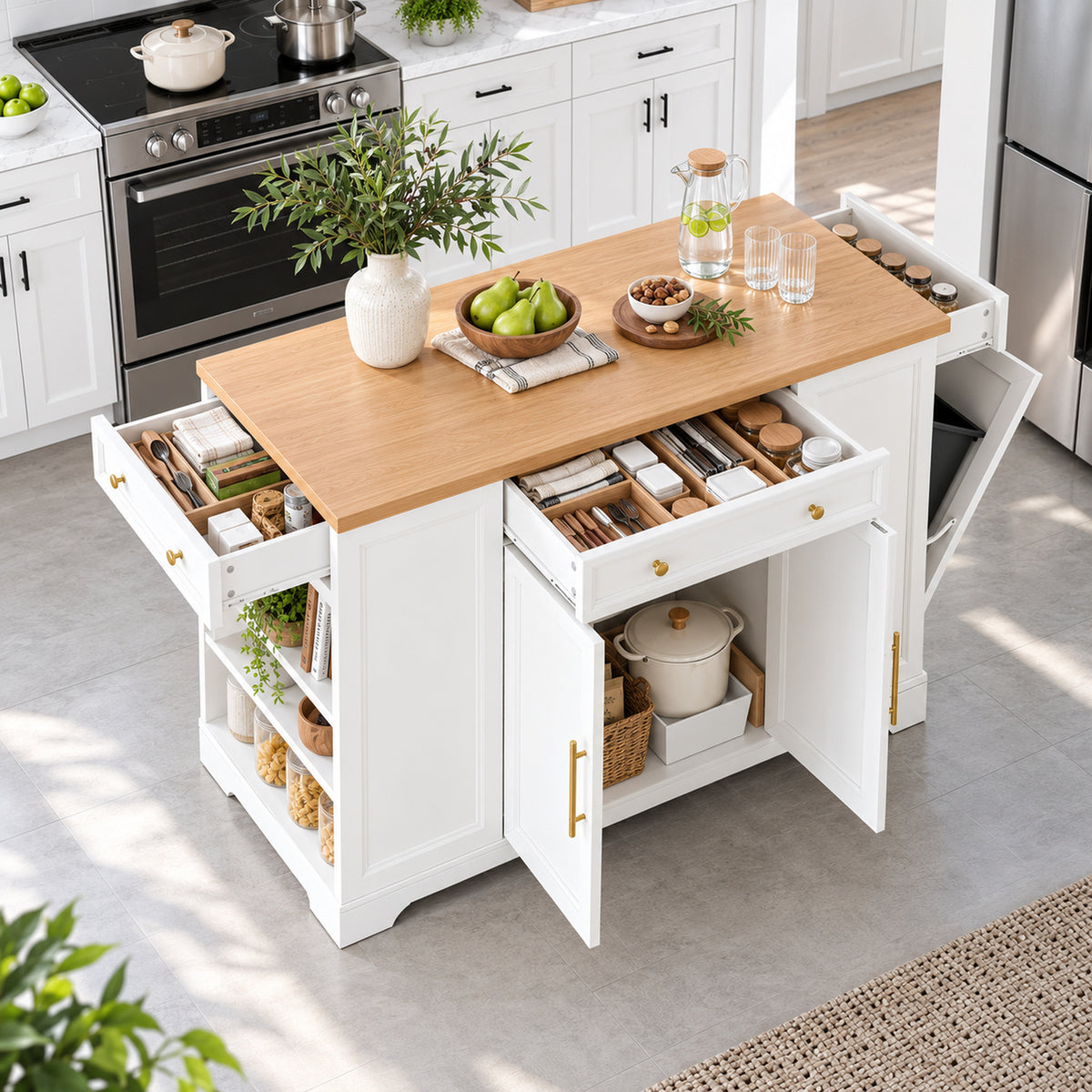 Deluxe Living 53" Rolling Kitchen Island with Trash Can Storage & 3 Drawers, Portable Kitchen Cart on Wheels for 10 Gallon Garbage Bin, White